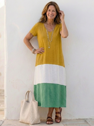 Thalia | Vestido midi de manga corta con escote en V y bloques de color