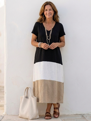 Thalia | Vestido midi de manga corta con escote en V y bloques de color