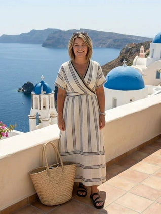 Desiré | Vestido midi con escote en V, manga corta y cintura envolvente