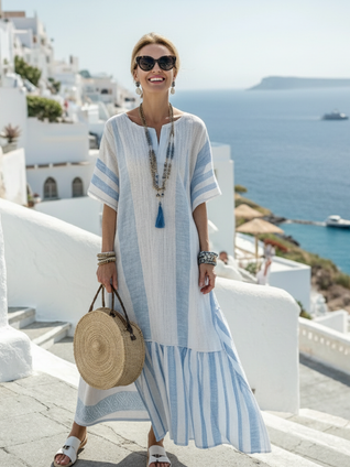 Uva | Vestido maxi de rayas con cuello redondo y manga corta