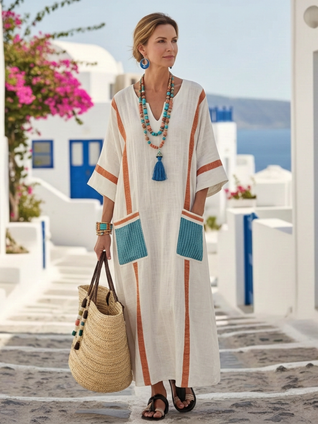 Noemi | Vestido maxi con escote en V, de manga corta y bolsillo