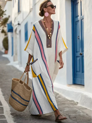 Noemi | Vestido maxi con escote en V, de manga corta y bolsillo