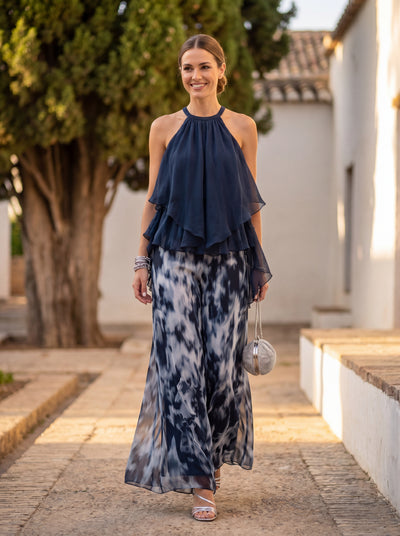Ludovica - Elegante conjunto de gasa con top de cuello alto y pantalones anchos estampados