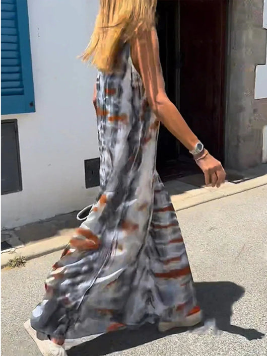 Vestido maxi de tirantes con escote en V y estampado tie-dye