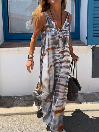 Vestido maxi de tirantes con escote en V y estampado tie-dye