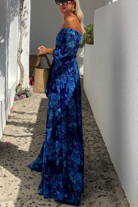 Luna™ | Vestido largo con estampado floral y mangas con hombros descubiertos