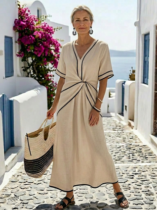 Lina | Escote en V manga corta cintura fruncida vestido midi