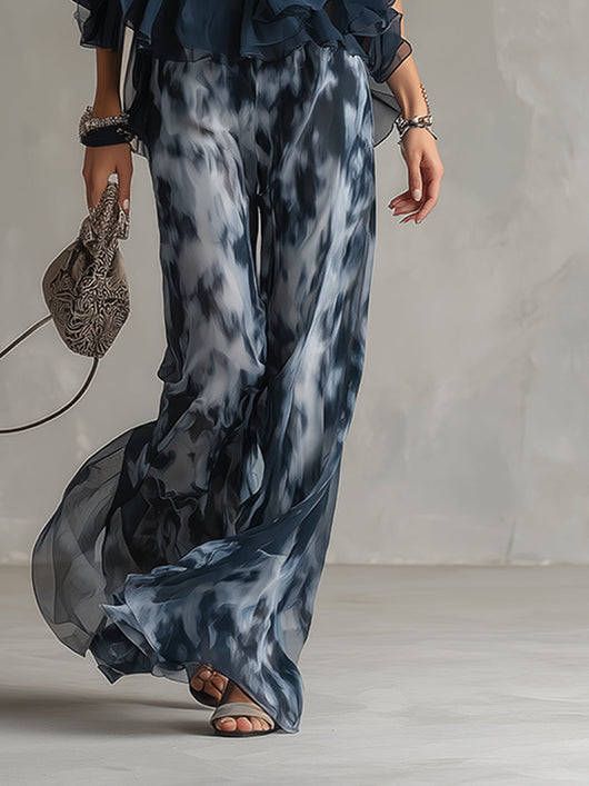 Ludovica - Elegante conjunto de gasa con top de cuello alto y pantalones anchos estampados